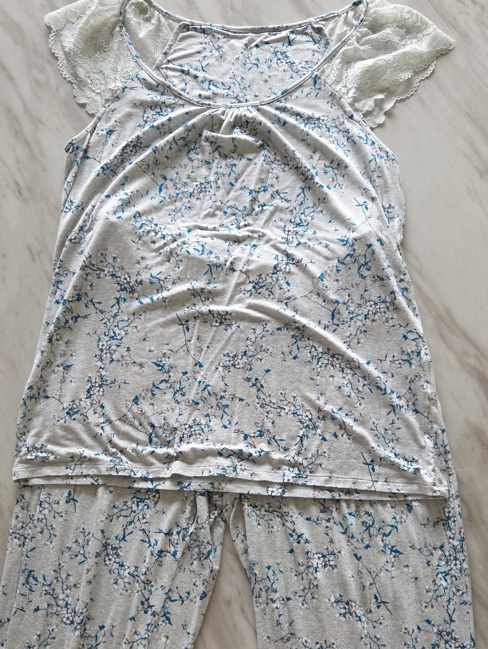 Charter ClubWomen's Floral Lace-Sleeve Sleep Set - Blue on Light Gray